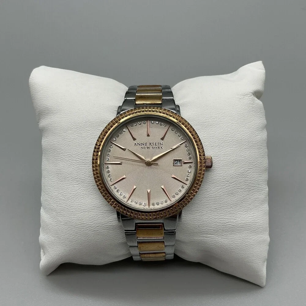Anne Klein Womens Watch 36mm Gold Silver Two Tone Date 12/2315 New Battery 7.75